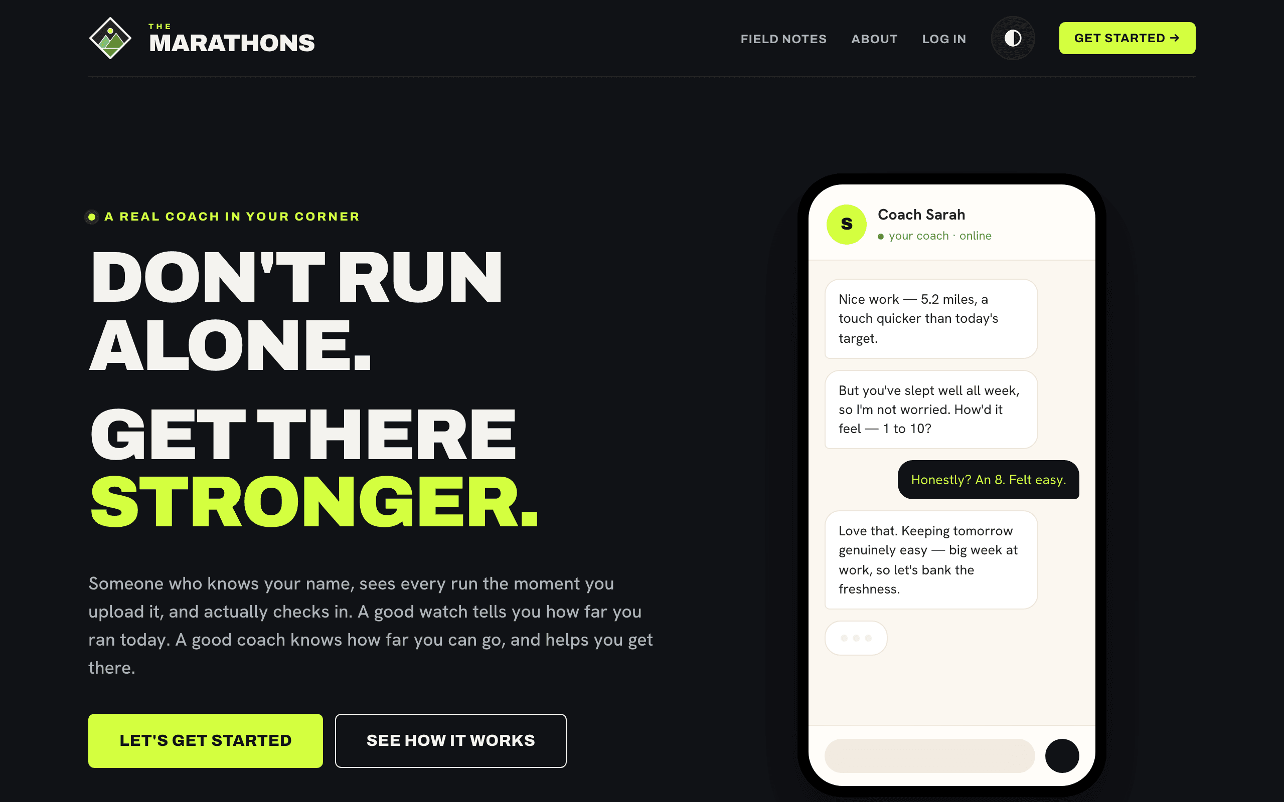 The Marathons home page: “Don't run alone,” with a coach's chat on a phone.